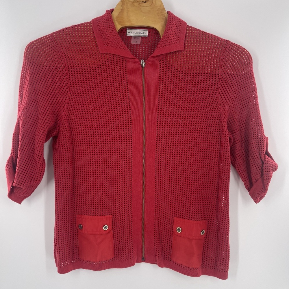 Allison Daley Jacket Womens Textured Knit Full Zip Pockets Roll Tab Sleeves Sz L